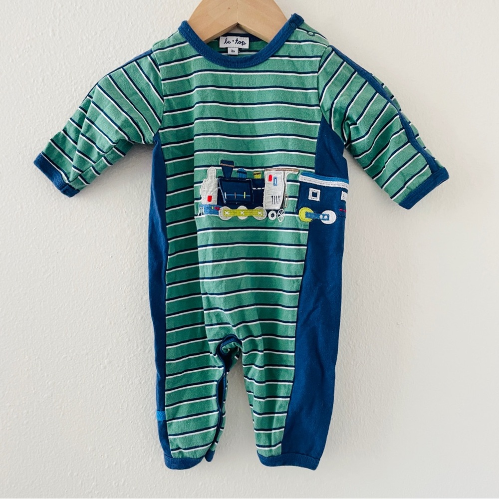 Le Top 3 Month Blue Green Striped Train Onesie